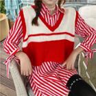 Striped Long-sleeve Shirt / Color-block Knit Vest