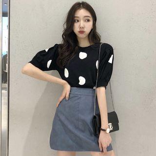 Set: Short-sleeve Dotted Knit Top + High Waist A-line Skirt
