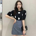 Set: Short-sleeve Dotted Knit Top + High Waist A-line Skirt