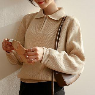 Collared Zip-up Ribbed Sweater