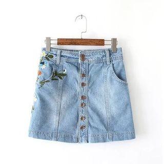Embroidered Buttoned Denim Skirt