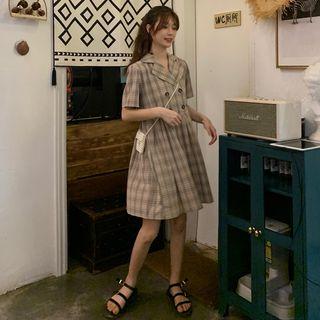 Plaid Short-sleeve Double-breasted A-line Dress