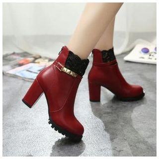 Block Heel Lace Trim Short Boots