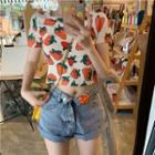 Strawberry Print Short-sleeve Cropped T-shirt
