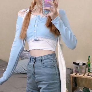 Camisole Top + Lace-trim Cropped Cardigan Set Of 2 - One Size