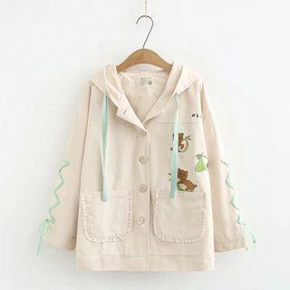 Cartoon Embroidered Button-up Hooded Jacket