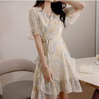 Ruffle Trim Wrapped Neck Tie-waist Midi Dress