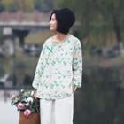Long-sleeve Frog Button Printed Blouse