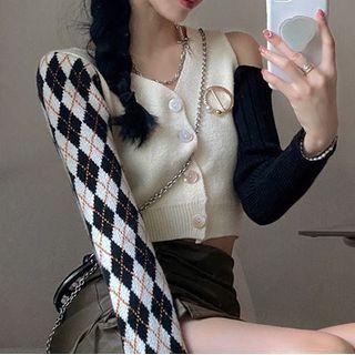 Cold-shoulder Argyle Panel Cardigan / Brooch / Mini Pencil Skirt / Set