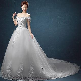 Sequined Off Shoulder Wedding Ball Gown With Train