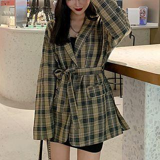 Plaid Tie-waist Blazer Green - One Size