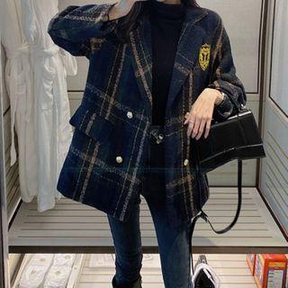 Double Breast Badge Applique Plaid Blazer