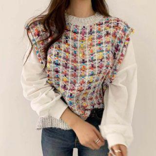 Mock Two-piece Plaid Knit Panel Shirt White - One Size