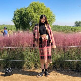 Plaid Knit Cardigan & Midi Skirt Set