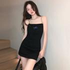 Spaghetti-strap Lettering Mini Bodycon Dress Black - One Size