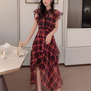 Irregular Hem Plaid Cap-sleeve Midi A-line Dress