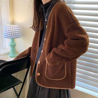 Faux Shearling Buttoned Jacket / Midi Plaid A-line Skirt