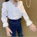 Family Matching Lace Trim Long-sleeve V-neck Blouse