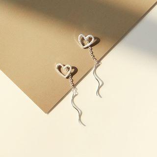 Rhinestone Heart Threader Earring 1 Pair - S925 Silver - Through Earrings - One Size