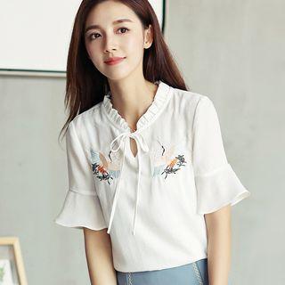 Crane Embroidered Frill Trim Elbow Sleeve Top