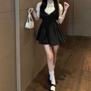 Puff-sleeve Shirt + Bow-accent Overall Dress