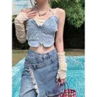 Halter-neck Butterfly Denim Top / Lace Crop Camisole Top / Arm Sleeves / Set