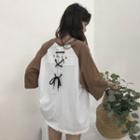 Elbow-sleeve Drawstring Color Block Letter T-shirt