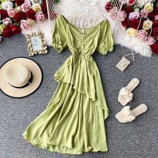 V-neck Ruched Short-sleeve Tiered Dress