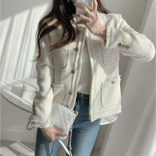 Tassel Trim Tweed Button-up Jacket