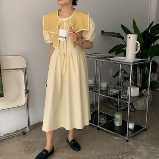 Puff-sleeve Plain Loose Fit Dress / Contrast Trim Cape