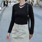 Long-sleeve Choker Neck T-shirt