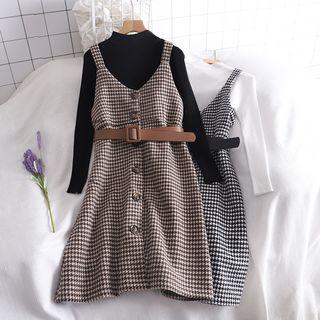 Set: Mock Neck Ribbed Knit Top + Sleeveless Houndstooth Dress
