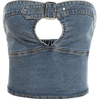Cut-out Denim Tube Top / Boot-cut Jeans