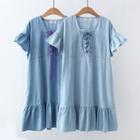Lace-up Denim Ruffle Trim Mini A-line Dress