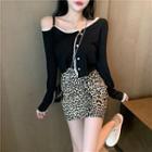 Cold Shoulder Knit Top / Leopard A-line Skirt