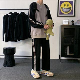 Long-sleeve Two-tone Striped Sweatshirt + High-waist Striped Sweatpants