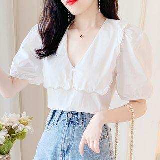 Set: Puff-sleeve Top + Frayed Denim Shorts