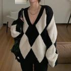 Argyle Plaid V-neck Long-sleeve Knit Sweater As Shown In Picture - One Size