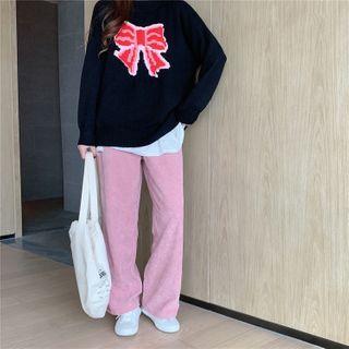 Long-sleeve Bow Printed Knit Sweater / Corduroy Wide-leg Pants