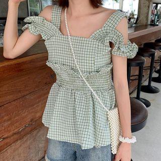 Ruffle Trim Cold-shoulder Plaid Blouse