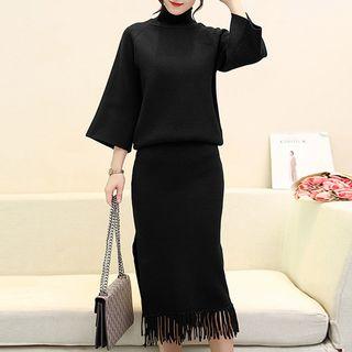 Set: Mock Neck 3/4-sleeve Sweater + Fringed Midi Knit Skirt