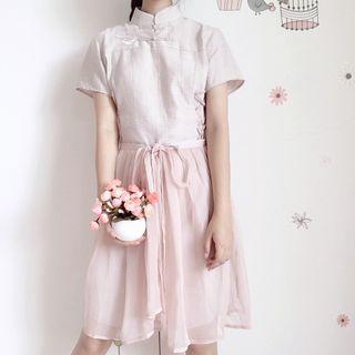 Hanfu Set: Embroidered Short-sleeve Dress + Sheer Skirt