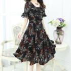 Short-sleeve Ruffle-trim Printed Chiffon Dress