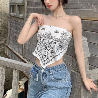 Paisley Print Cropped Tube Top White - One Size