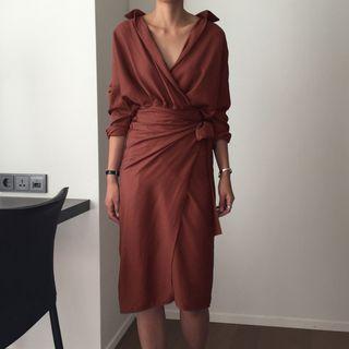 Long-sleeve Crinkled Midi Wrap Dress