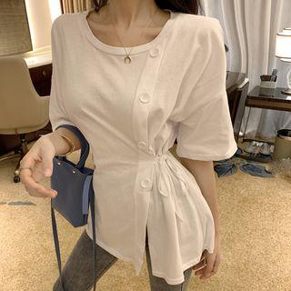 Buttoned Tie-waist Elbow-sleeve T-shirt