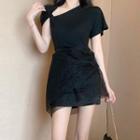 Asymmetric Short-sleeve Top / Crinkled Mesh Overlay Mini Skirt