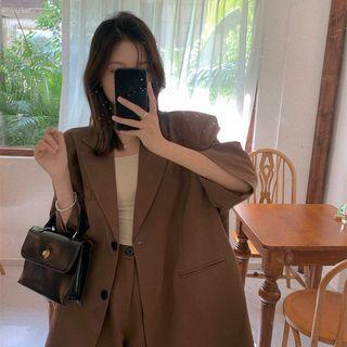 Set: Plain Single-breasted Blazer + Wide Leg Shorts Brown - One Size