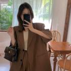 Set: Plain Single-breasted Blazer + Wide Leg Shorts Brown - One Size
