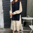 Knit Vest / Floral Long-sleeve A-line Midi Dress